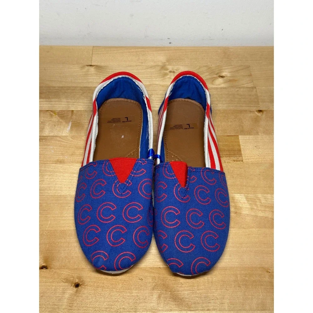 Chicago Cubs MLB Womens Canvas Slip On Shoes Blue‎ Red Stripes Team Beans Large